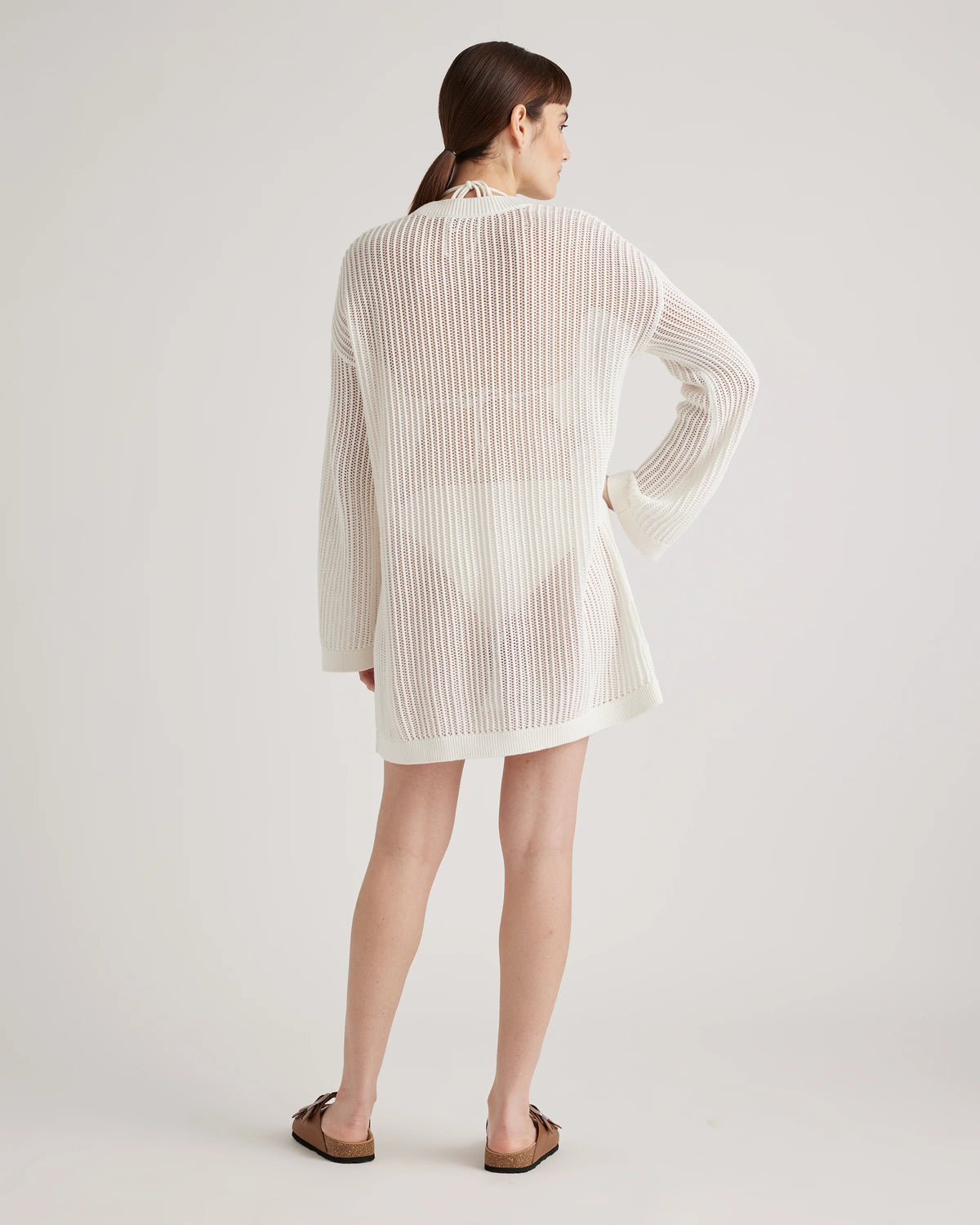 100% Organic Cotton Open-Knit Long Sleeve Cover-Up Mini Dress - XS / Beige