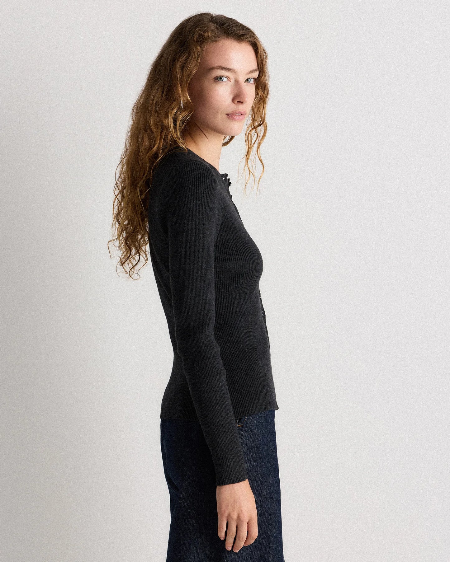 Cotton Cashmere Fitted Ribbed Cardigan - XS / Mocha Heather