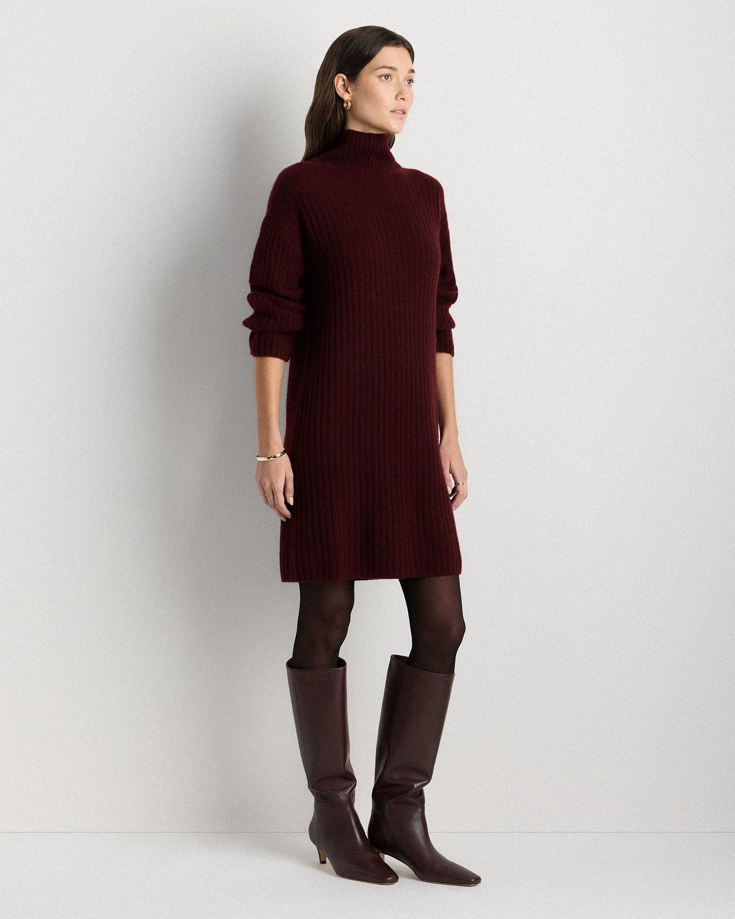 Mongolian Cashmere Ribbed Turtleneck Mini Dress - XS / Black