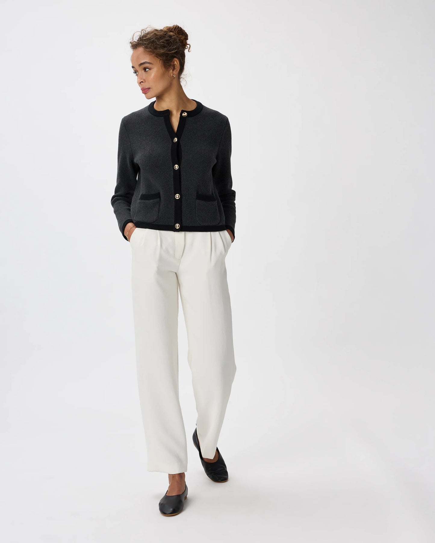 100% Organic Cotton Sweater Jacket - XS / Black/Ivory Colorblock
