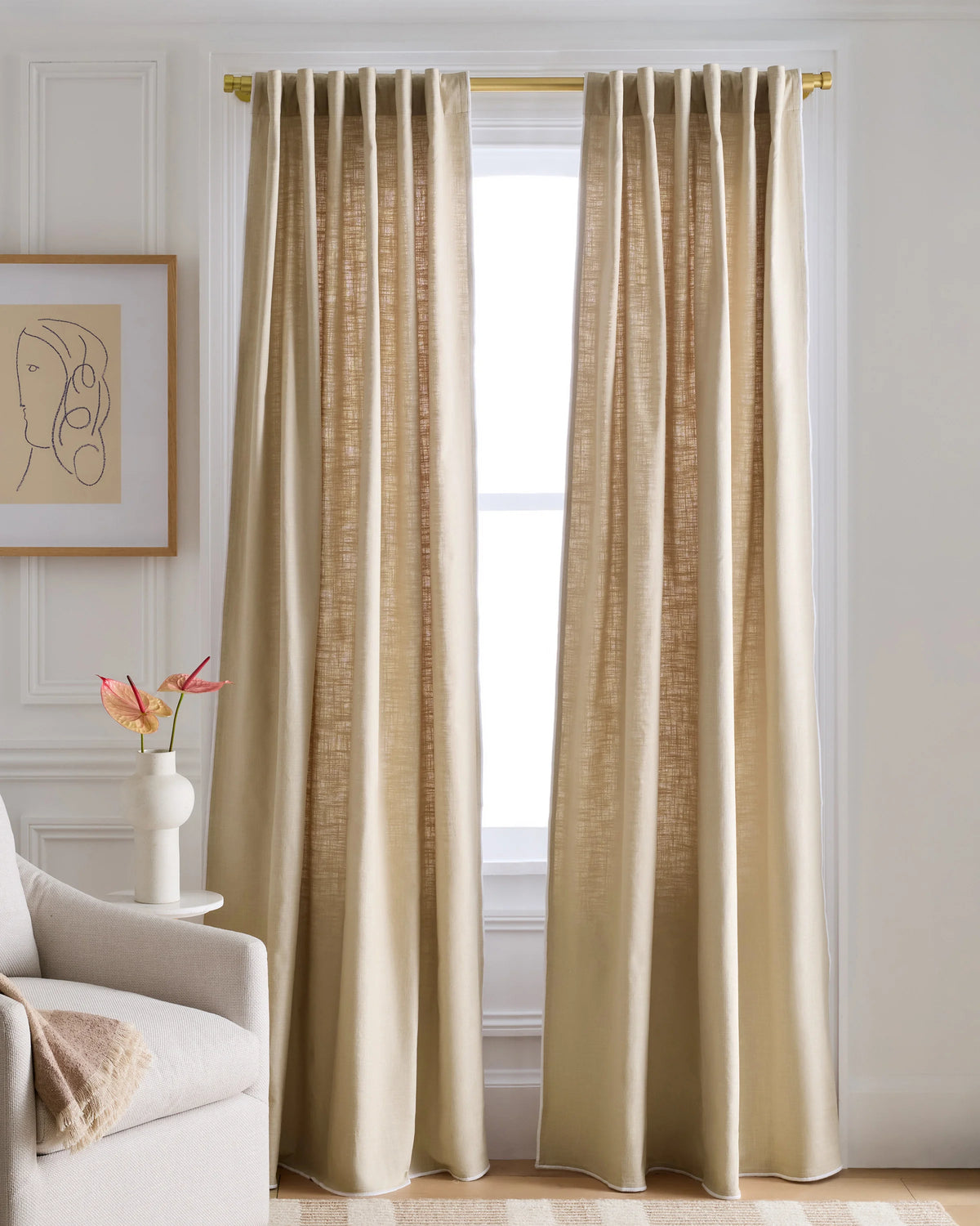 Piped Edge Cotton Curtain - Single Panel - 48x84 / Ivory/Black Piping