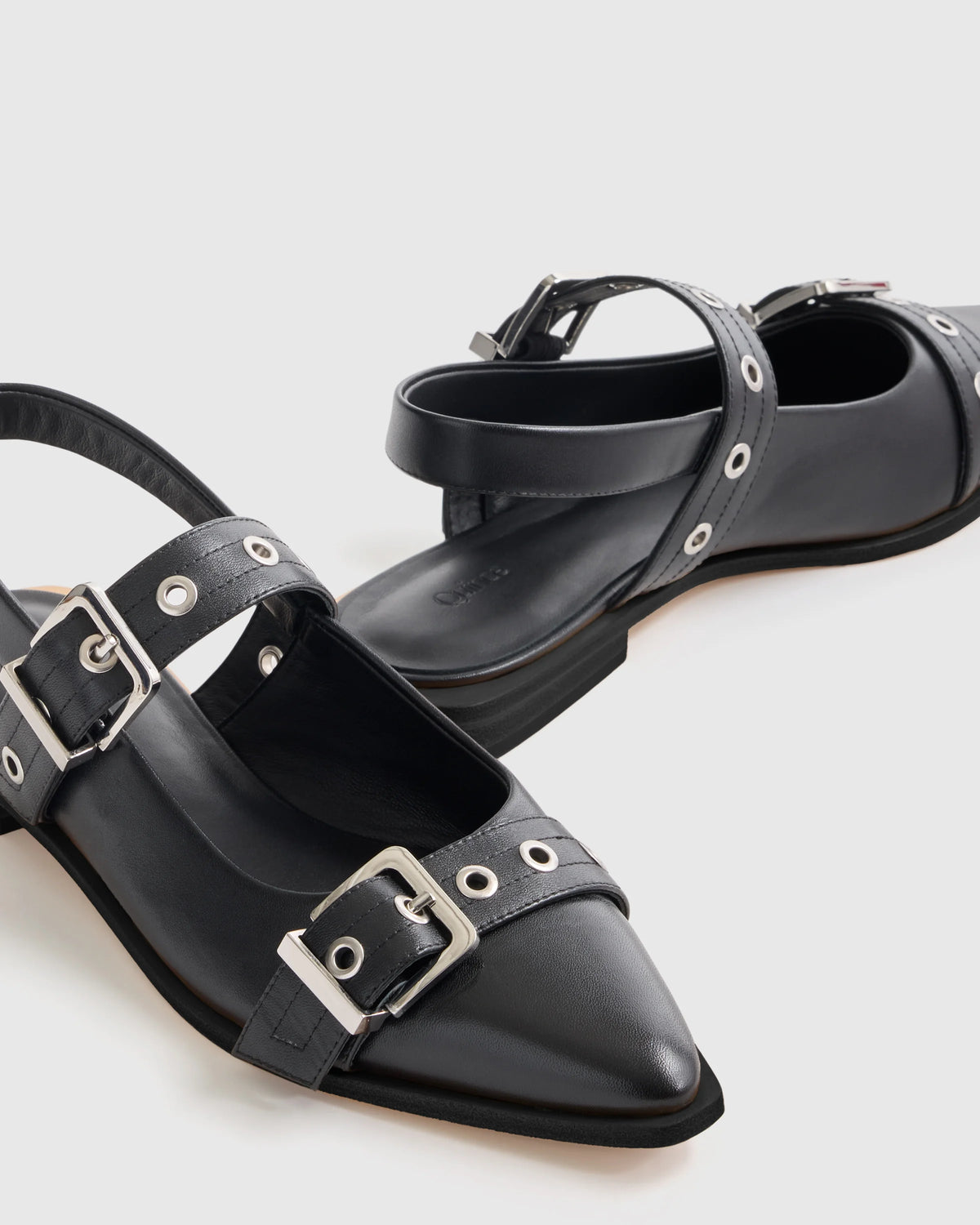 Italian Leather Bold Buckle Slingback Flat - 5 / Black
