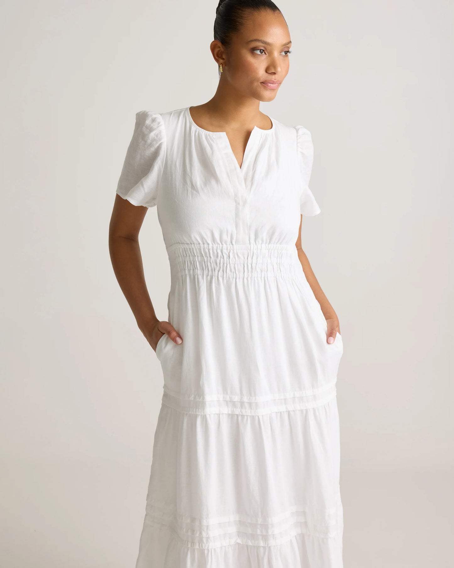 100% European Linen Tiered Maxi Dress - XS / Ivory Porcelain Blue Petite Floral