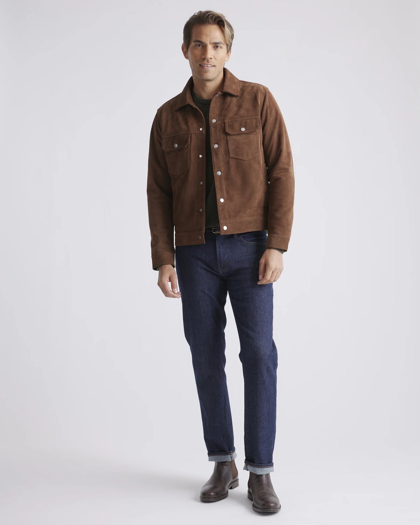 Italian Suede Trucker Jacket - S / Dark Chestnut