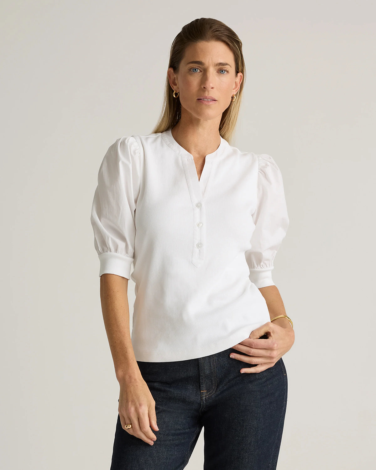 Cotton Mixed Media Puff Sleeve Top - XS / Classic White