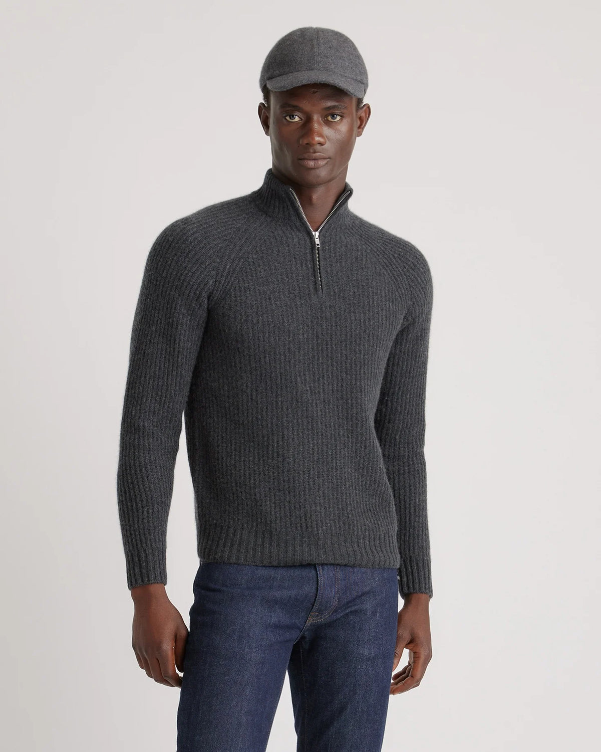 Mongolian Cashmere Fisherman Quarter Zip Sweater - S / Navy Marl