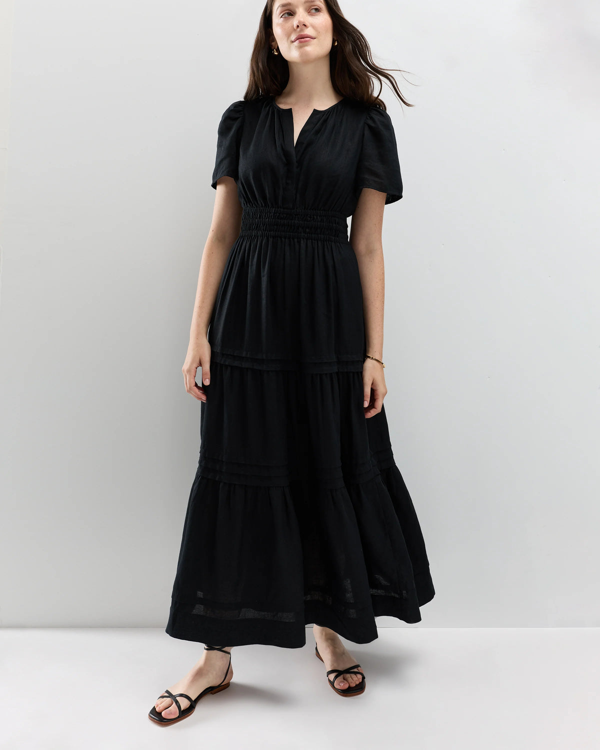 100% European Linen Tiered Maxi Dress - XS / Deep Navy