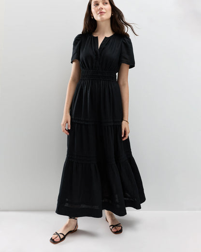 100% European Linen Tiered Maxi Dress - XS / Deep Navy