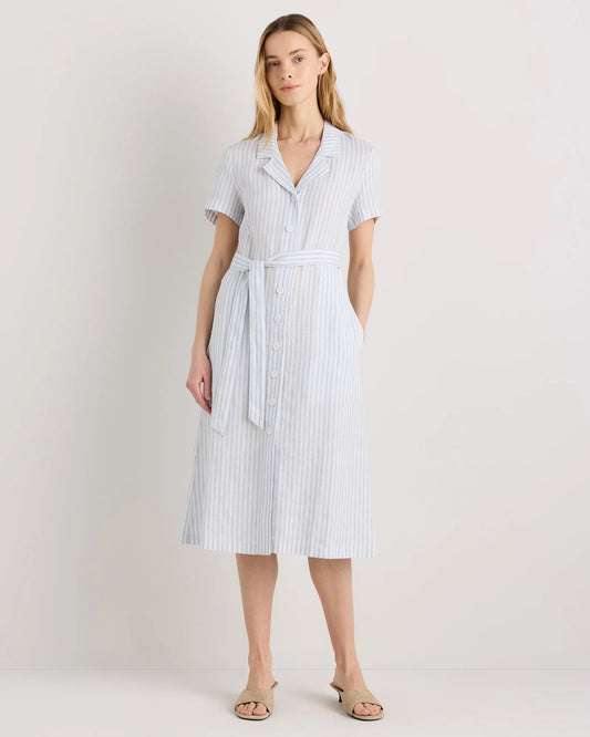 100% European Linen Button Front Dress - XS / Sky Blue Mariner Stripe