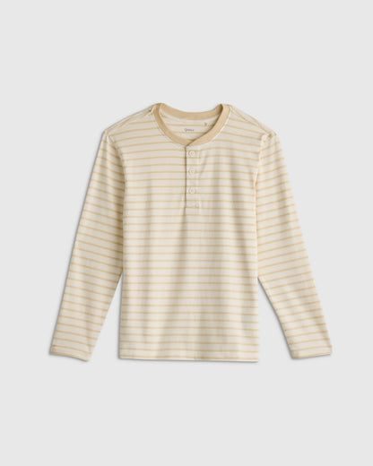 100% Organic Cotton Long Sleeve Henley Tee - 6 / Oatmeal Stripe