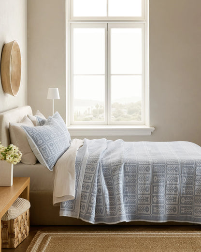 Organic Cotton Jacquard Floral Coverlet - Twin / Blue Fog