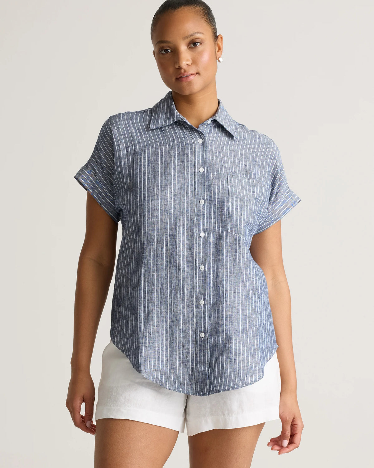 100% European Linen Camp Shirt - XS / Sky Blue Mariner Stripe