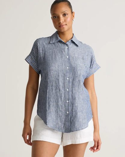 100% European Linen Camp Shirt - XS / Sky Blue Mariner Stripe