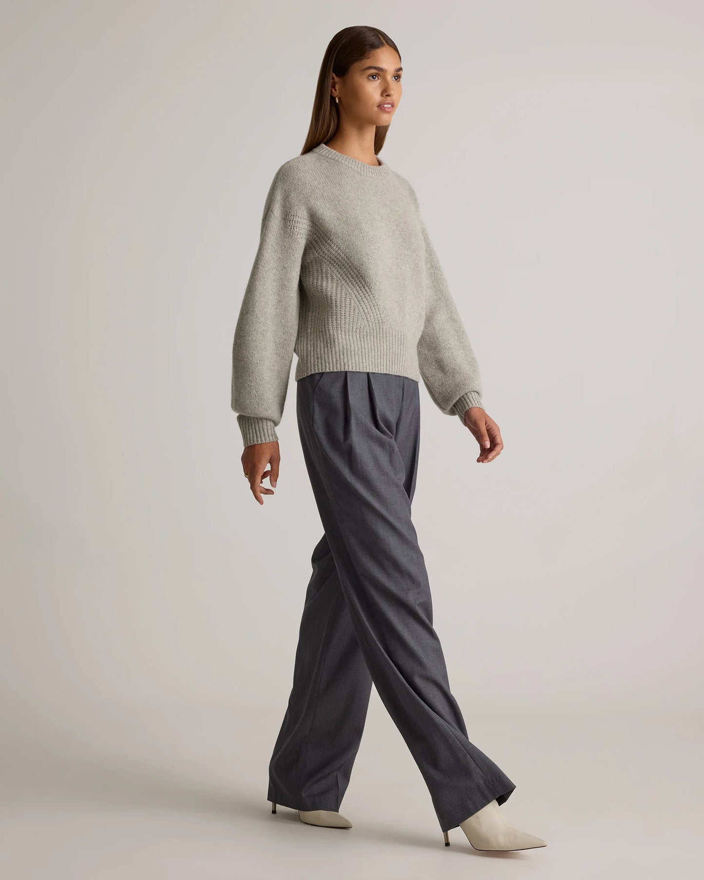 100% Yak Wool Pointelle Detail Relaxed Crew - XS / Heather Brown