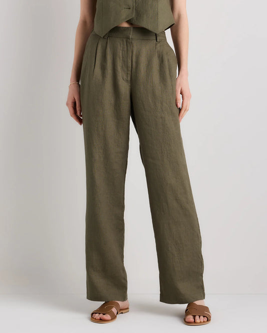 100% European Linen Pleated Trouser - 0 / Bayberry Olive