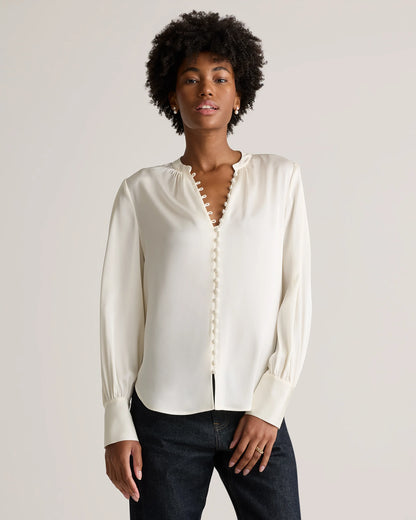 Washable Stretch Silk Peasant Blouse - XS / Ivory