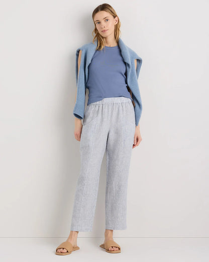 100% European Linen Tapered Ankle Pants - XS / Blue Pinstripe