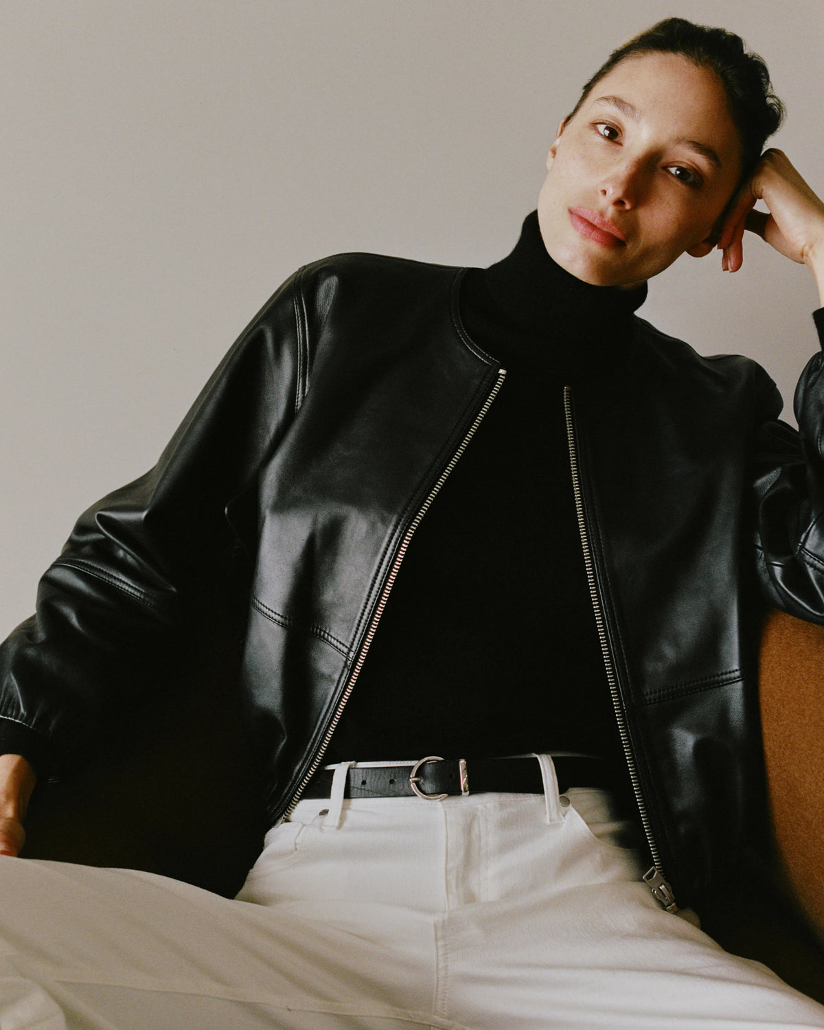 100% Leather Collarless Cropped Bubble Hem Jacket - XS / True Black