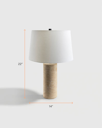 Travertine Table Lamp with Drum Shade - Column / Beige
