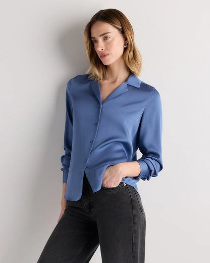 Washable Stretch Silk Notch Collar Blouse - XS / Moonstone Blue