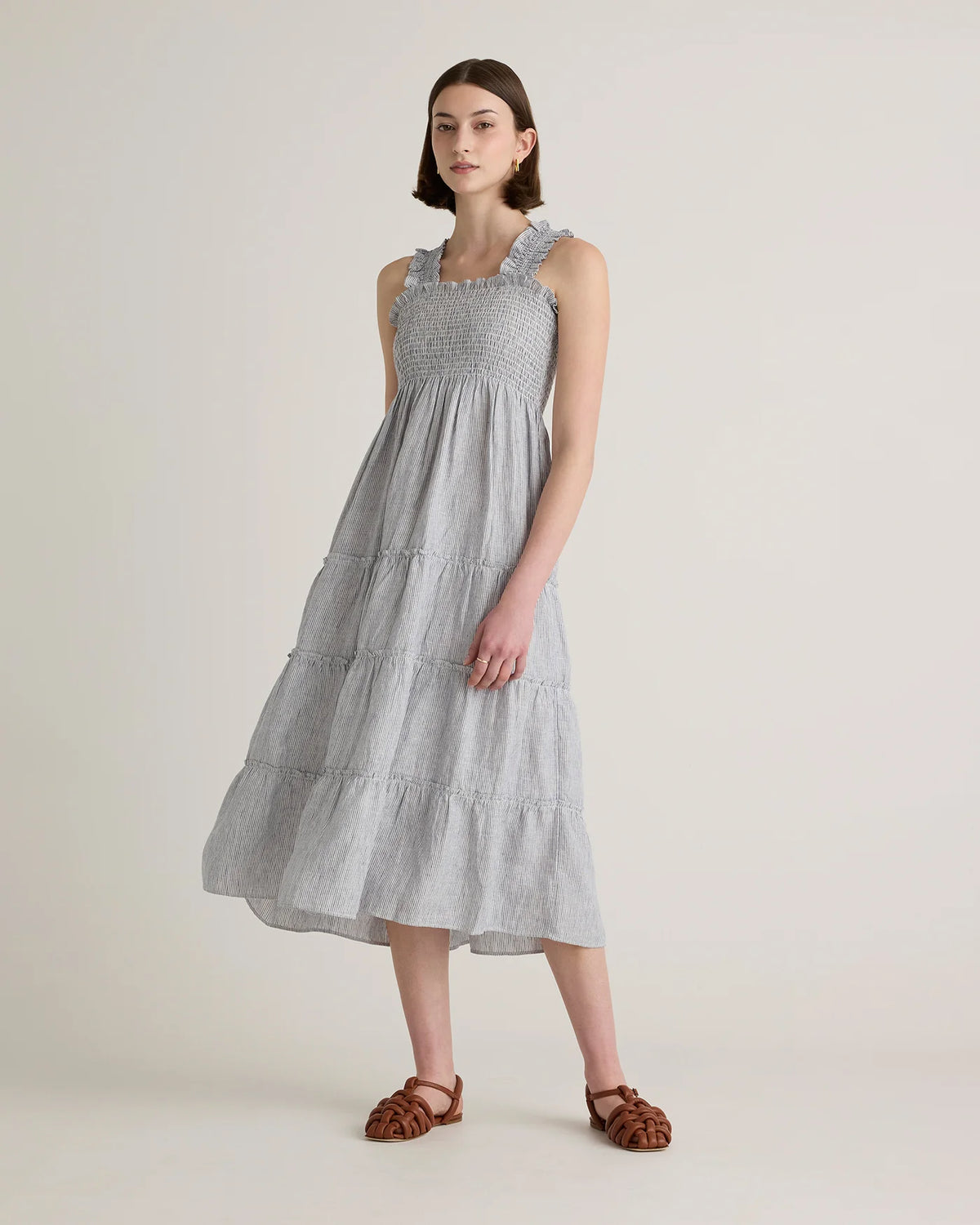 100% European Linen Smocked Midi Dress - XS / Ivory Porcelain Blue Petite Floral
