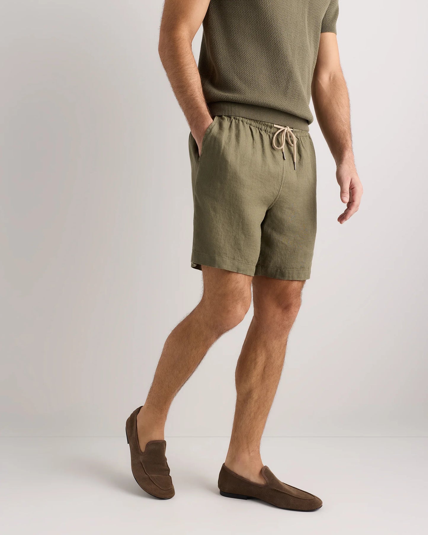 100% European Linen Drawstring Beach Shorts - 7" - XS / Taupe Brown Chambray