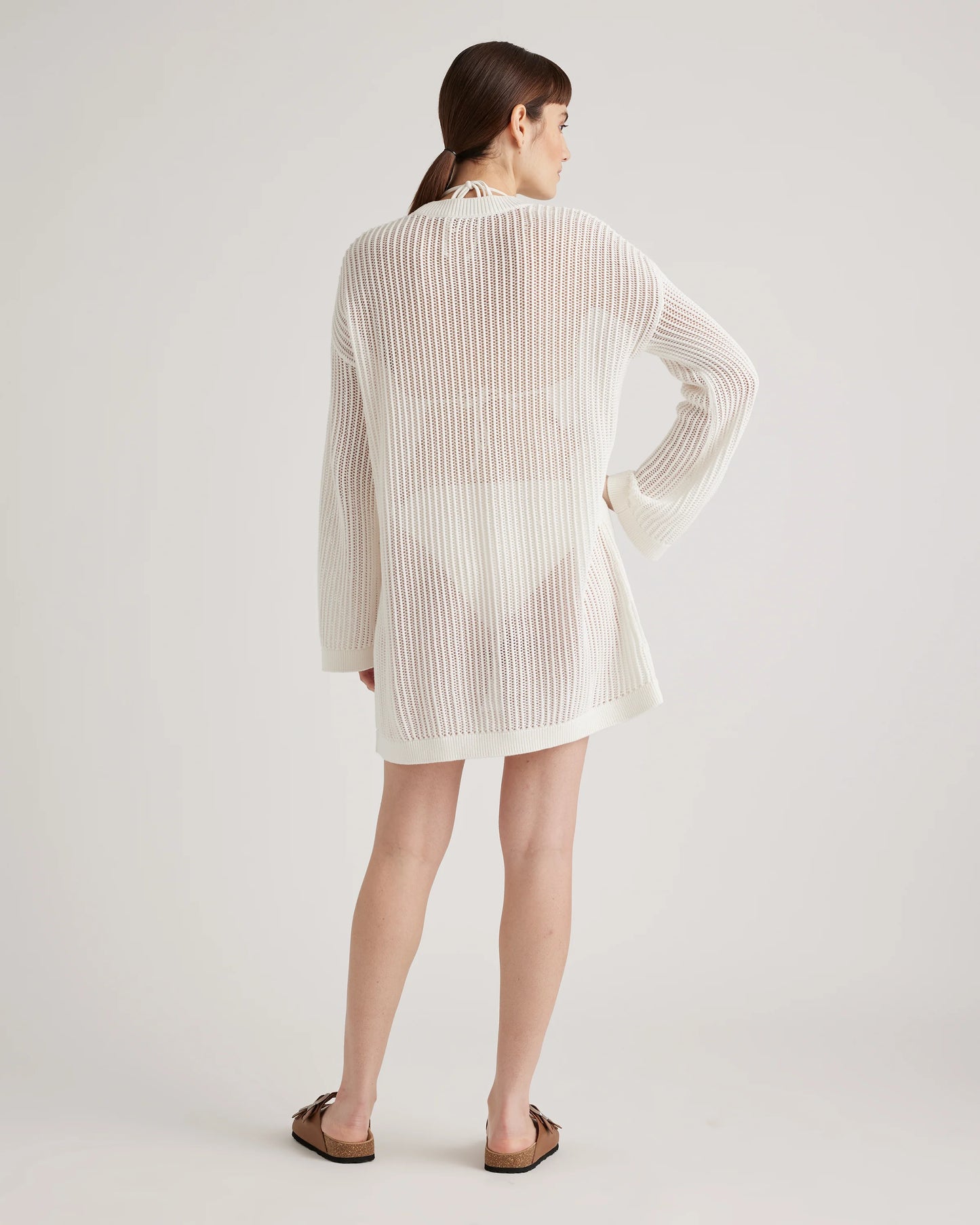 100% Organic Cotton Open-Knit Long Sleeve Cover-Up Mini Dress - XS / Beige