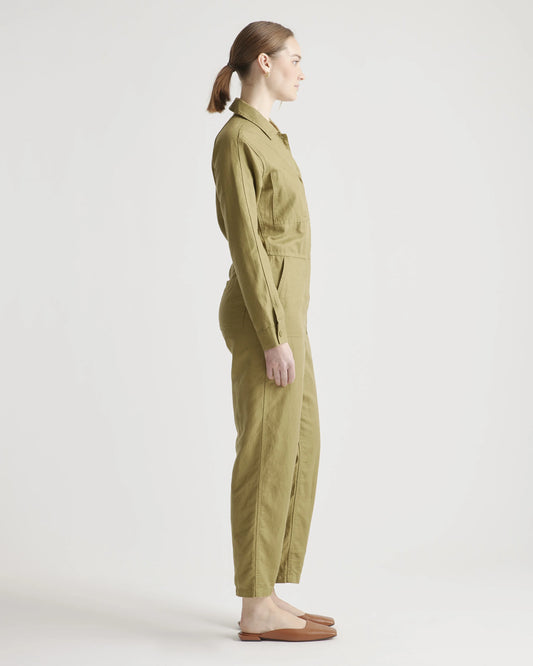 Cotton Linen Twill Long Sleeve Coverall Jumpsuit - XS / Army Green