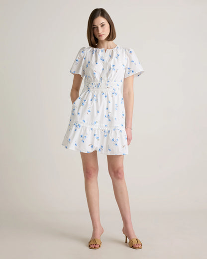 100% Organic Cotton Poplin Tiered Mini Dress - XS / Riviera Blue Heirloom Floral