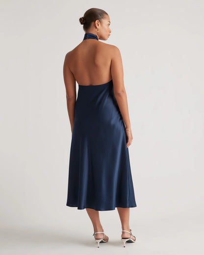 100% Washable Silk Twist Halter Midi Dress - XS / Black
