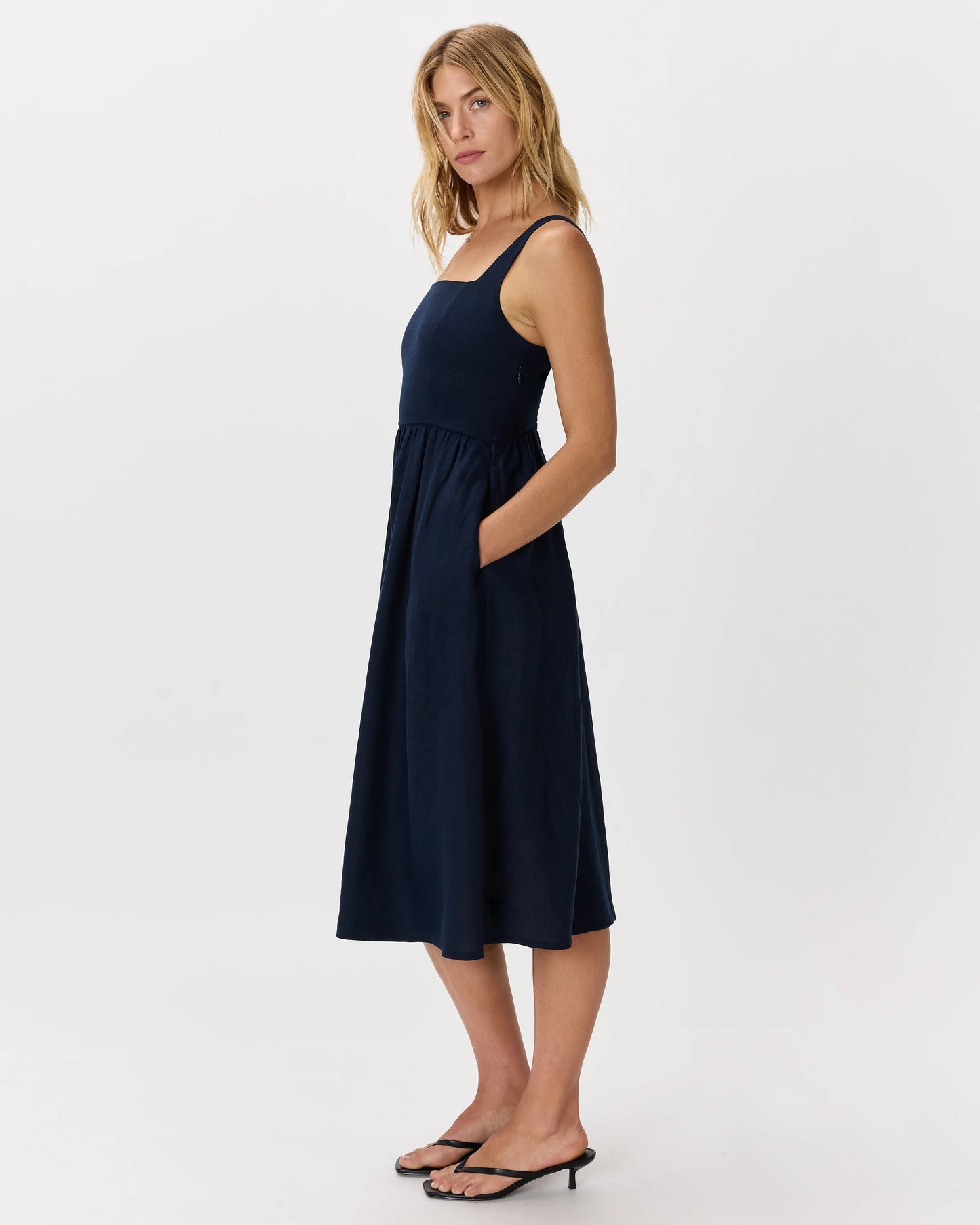 100% European Linen Fit & Flare Midi Dress - XS / Ivory Porcelain Blue Petite Floral