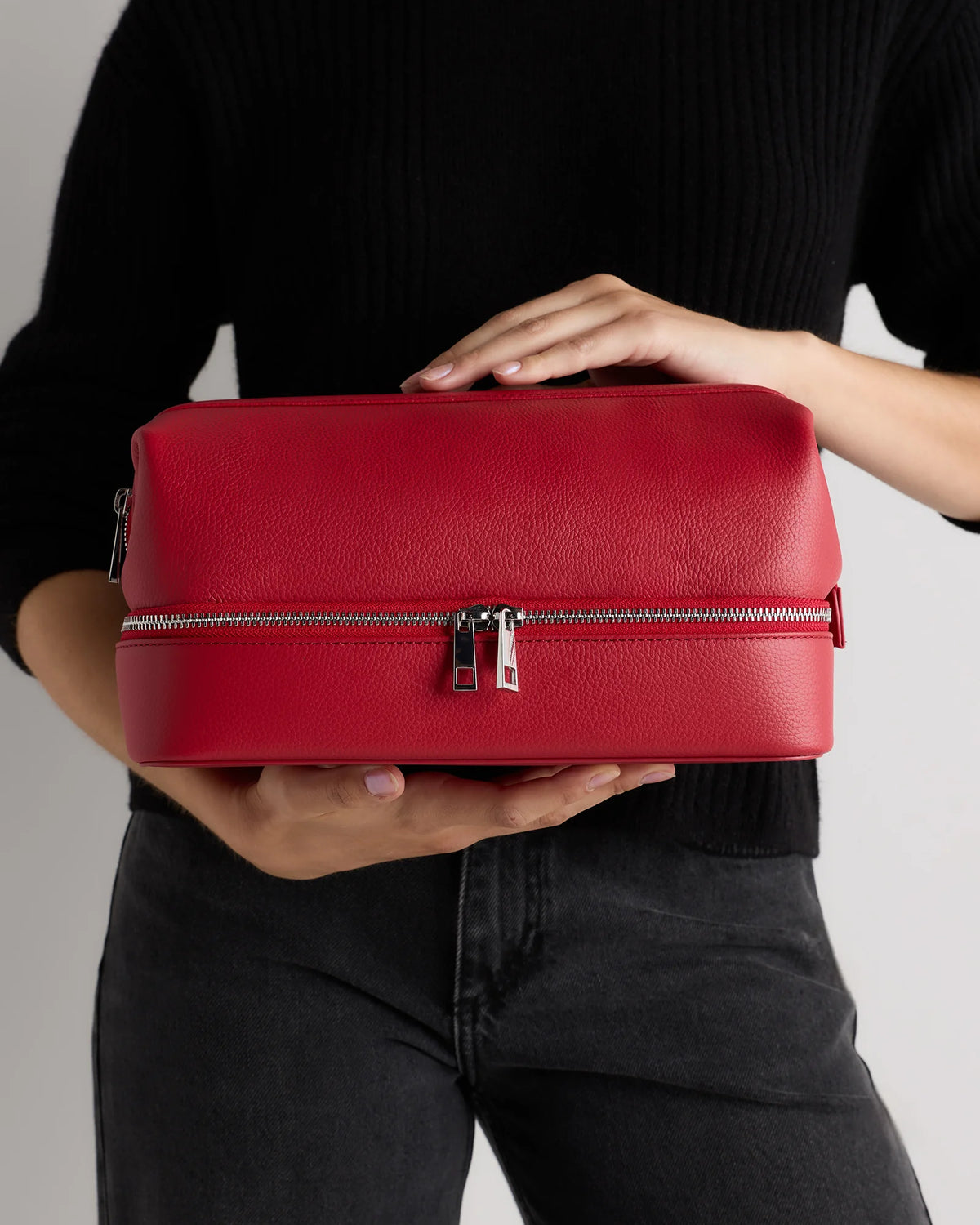 Italian Leather Dual Compartment Toiletry Bag - One Size / Ruby Red