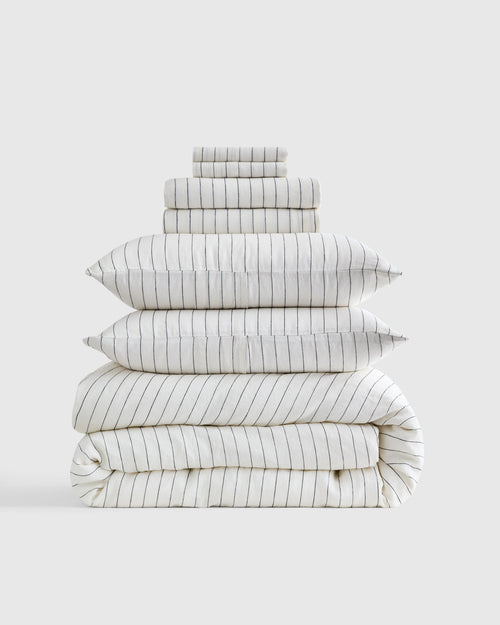 European Linen Stripe Deluxe Bedding Bundle - Twin / Willowleaf/White Stripe