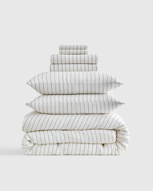 European Linen Stripe Deluxe Bedding Bundle - Twin / Willowleaf/White Stripe