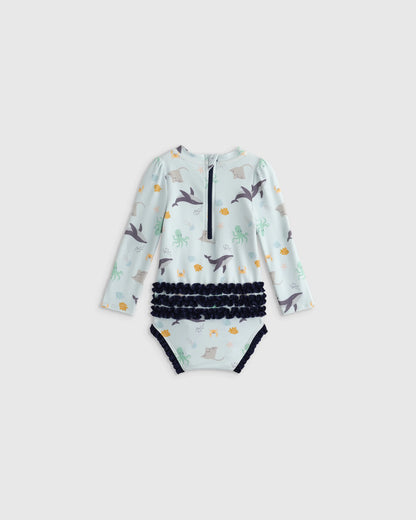 Sunsafe Ruffle One-Piece Rash Guard & Hat Set - 0-3M / Under the Sea/Waves
