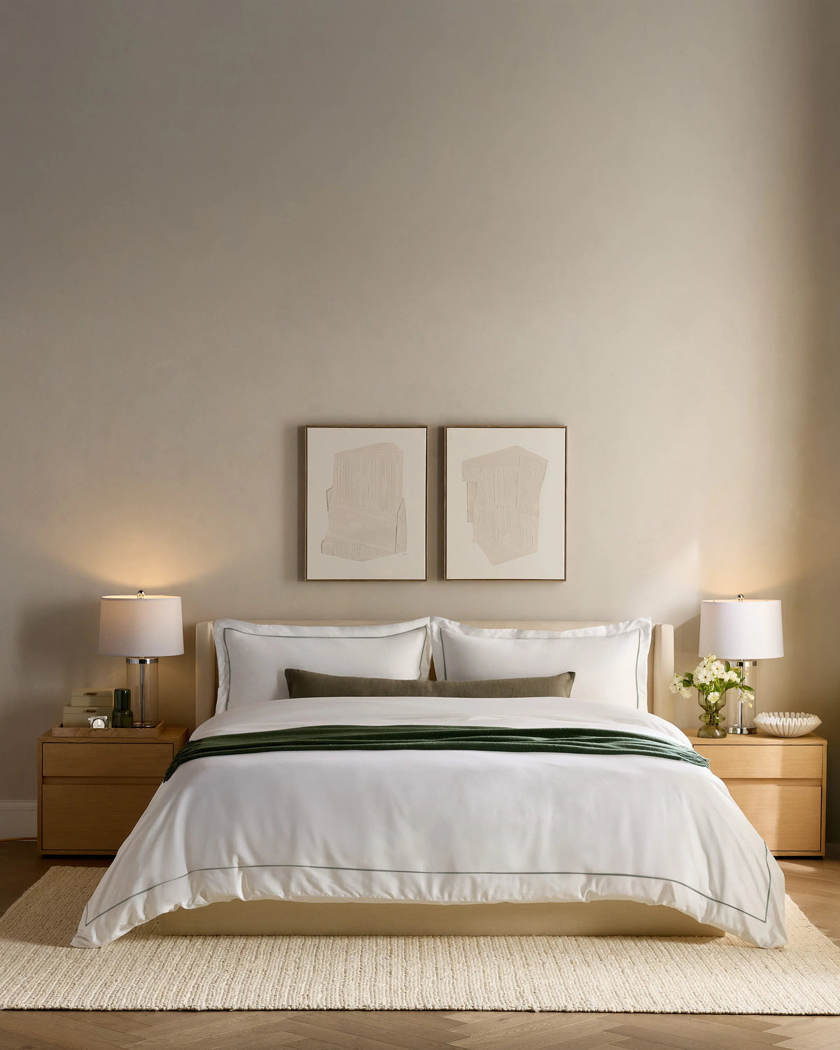 Signature Giza Cotton Sateen Embroidered Sham Set - Standard / White/Dried Sage