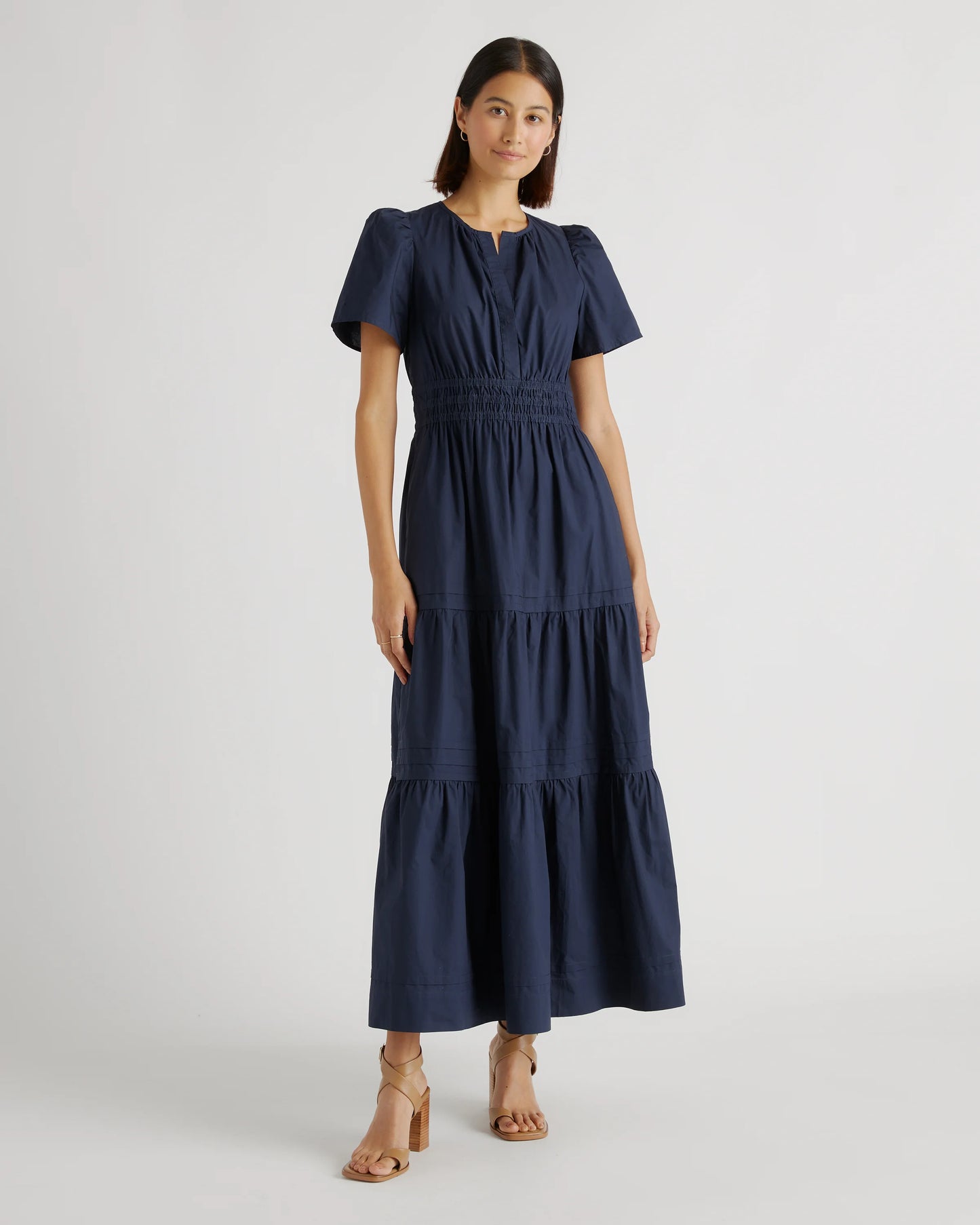 100% Organic Cotton Poplin Tiered Maxi Dress - XS / Riviera Blue Heirloom Floral