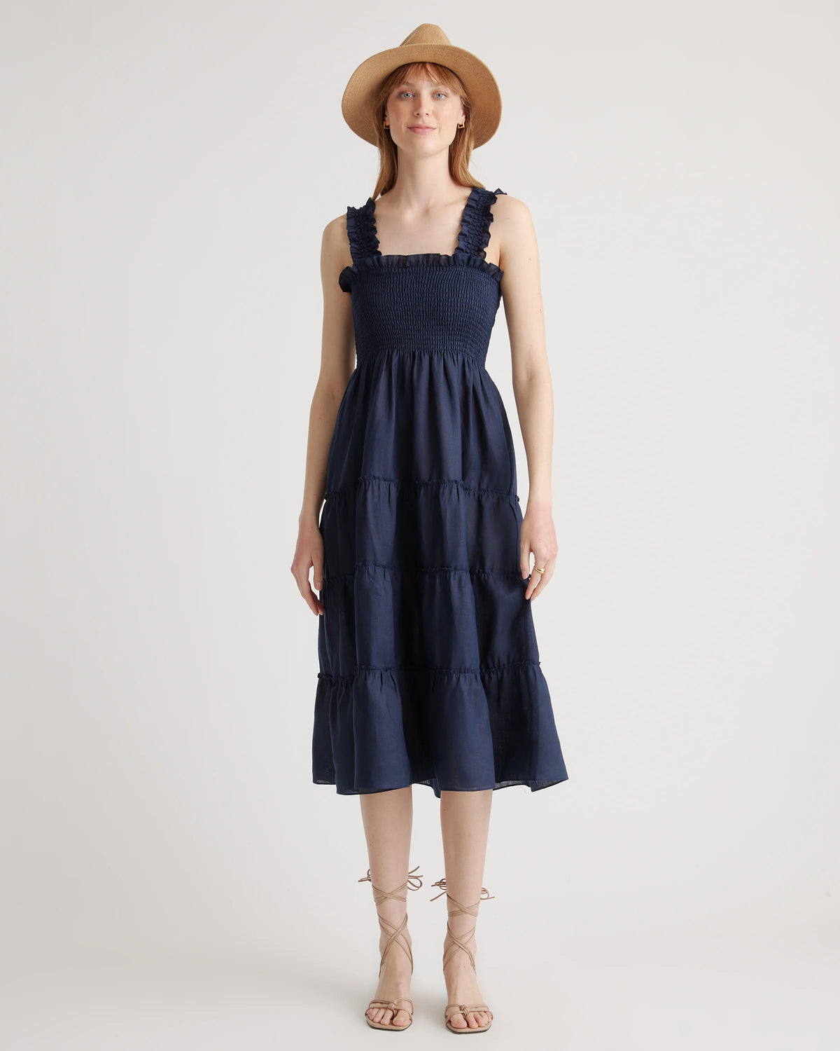 100% European Linen Smocked Midi Dress - XS / Ivory Porcelain Blue Petite Floral