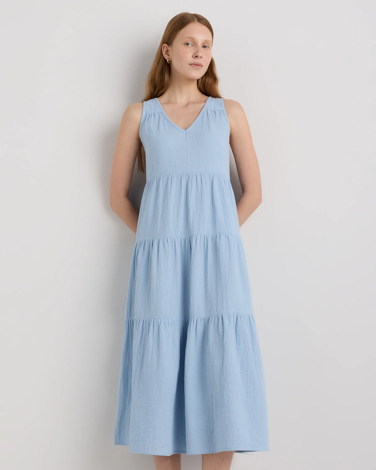 100% Organic Cotton Gauze Tiered Maxi Dress - XS / Indigo Blue
