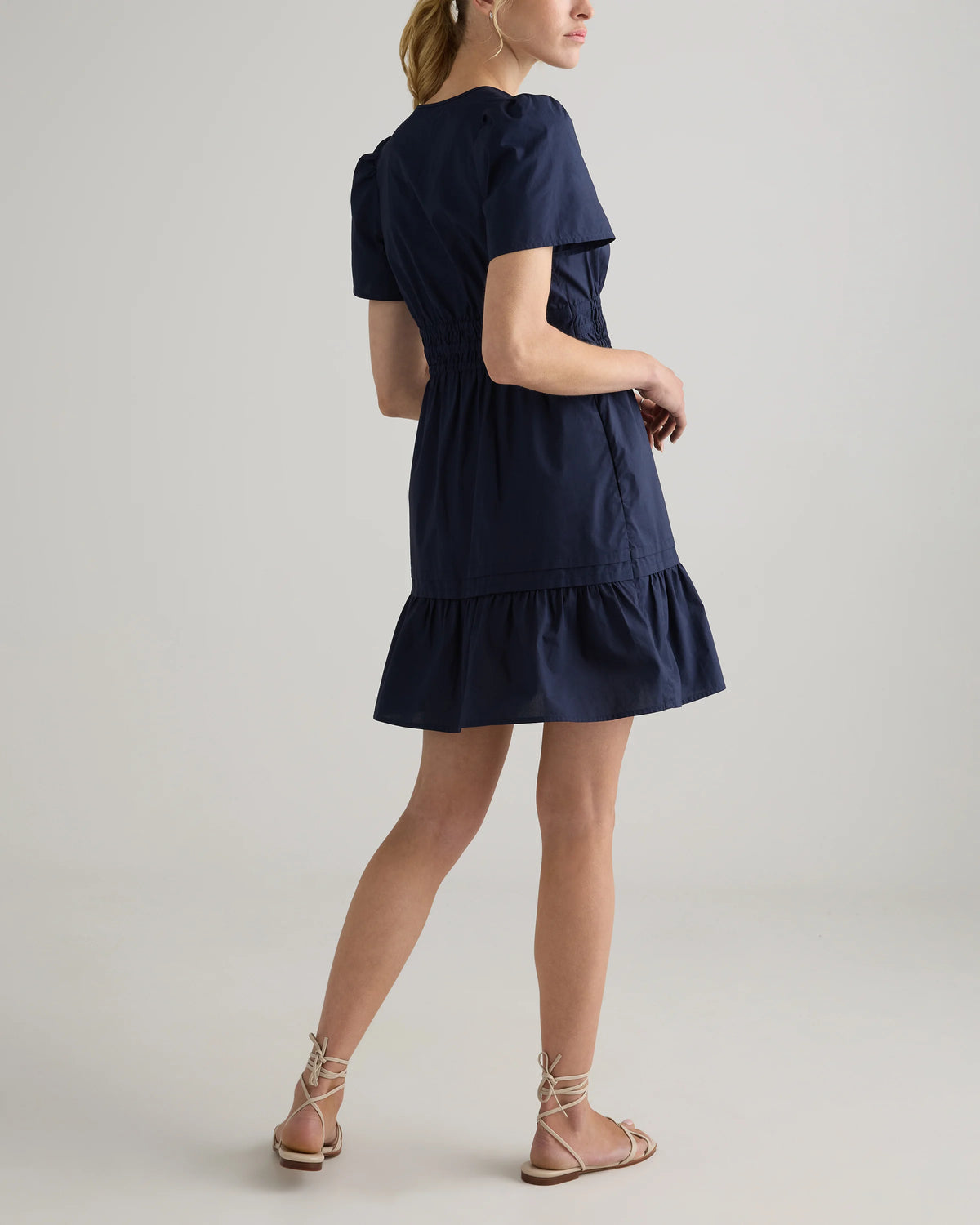 100% Organic Cotton Poplin Tiered Mini Dress - XS / Riviera Blue Heirloom Floral