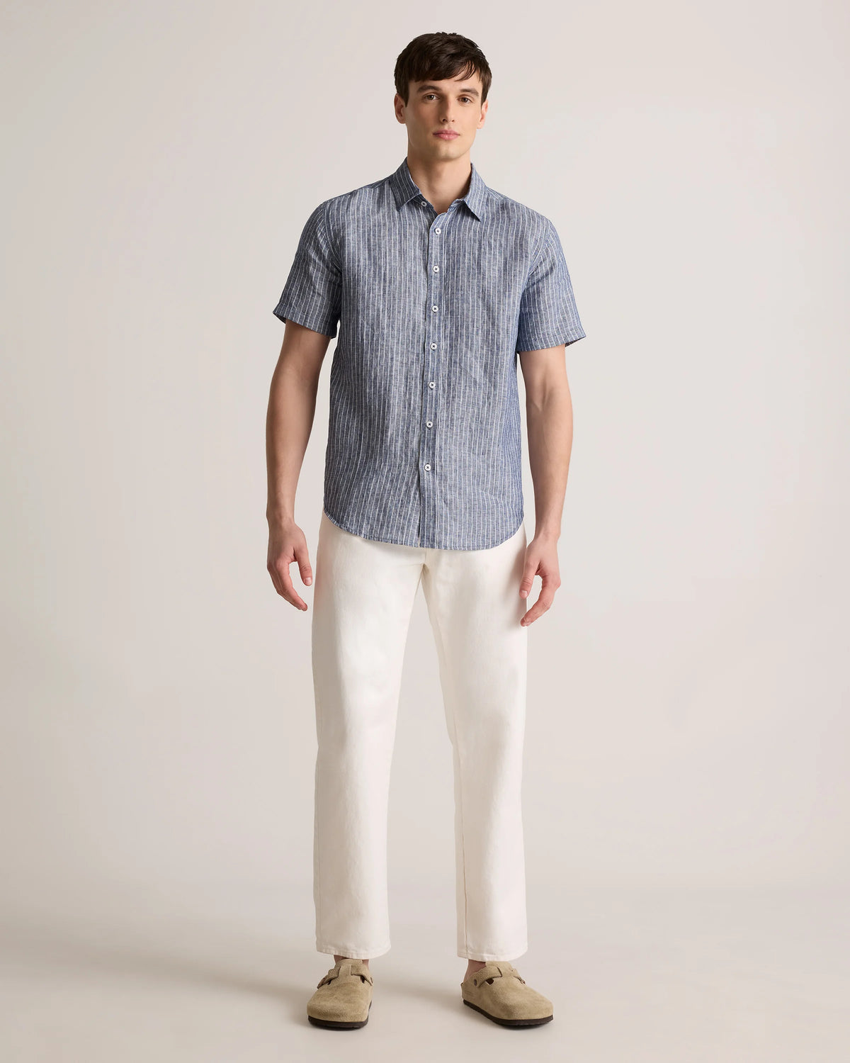100% European Linen Relaxed Short Sleeve Shirt - XS / Taupe Brown Chambray