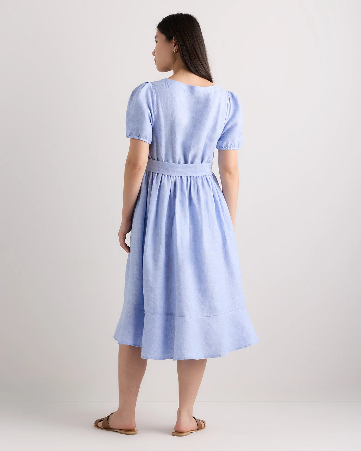 100% European Linen Maternity Short Sleeve Midi Dress - XS / Ivory Porcelain Blue Petite Floral