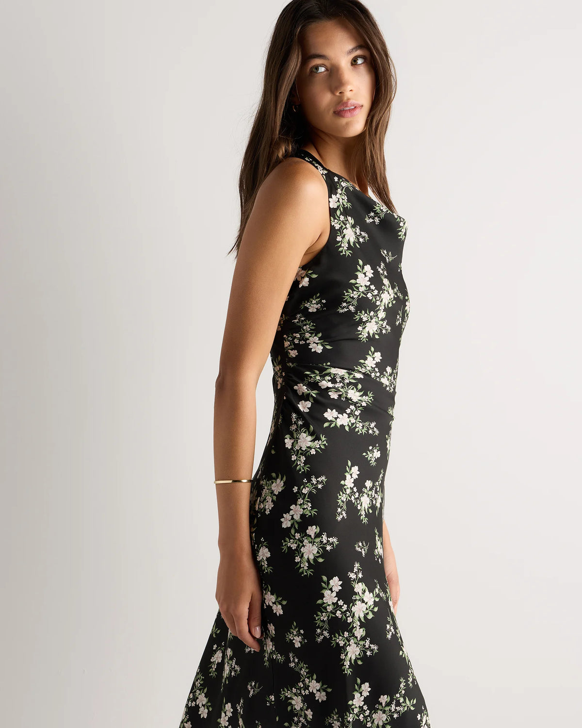 Washable Stretch Silk High Neck Midi Dress - XS / Vintage Navy Roses