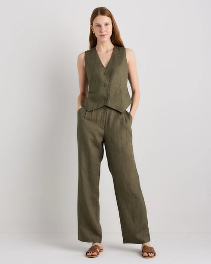 100% European Linen Pleated Trouser - 0 / Bayberry Olive