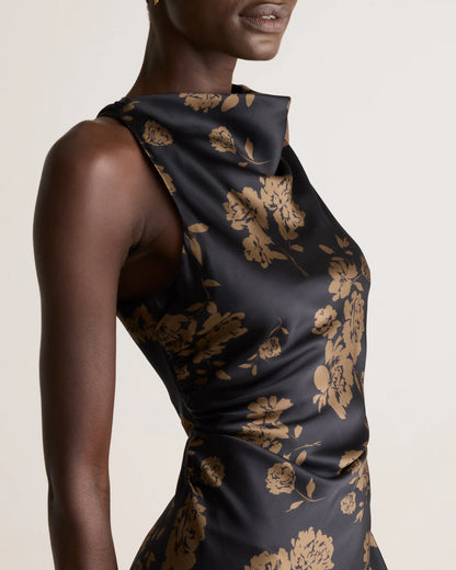 Washable Stretch Silk High Neck Midi Dress - XS / Vintage Navy Roses