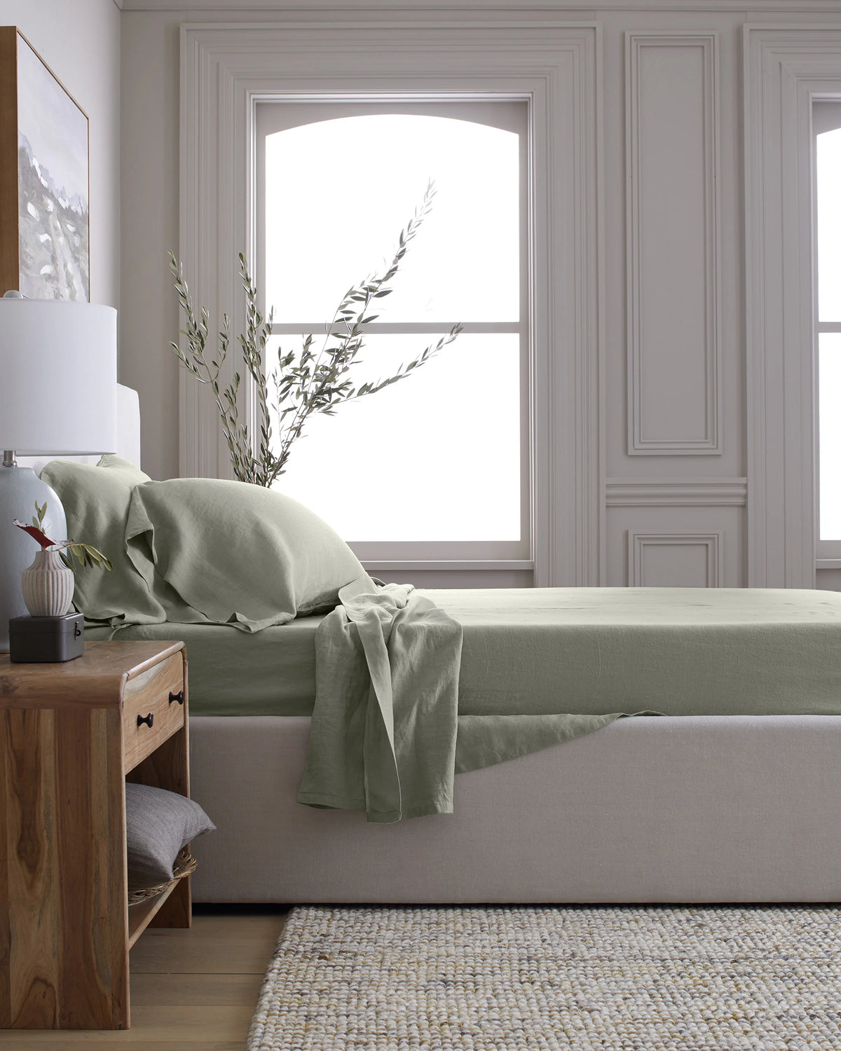 European Linen Deluxe Bedding Bundle - Twin / Willowleaf/White Stripe