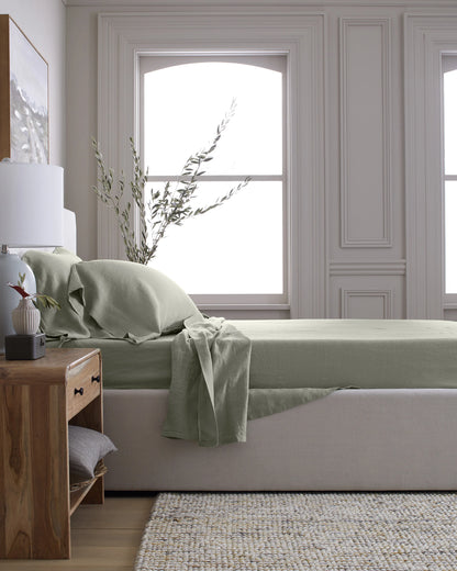 European Linen Deluxe Bedding Bundle - Twin / Willowleaf/White Stripe
