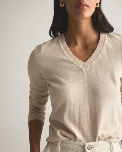 Lightweight Cotton Cashmere V-Neck Sweater - XS / Sugar Stone