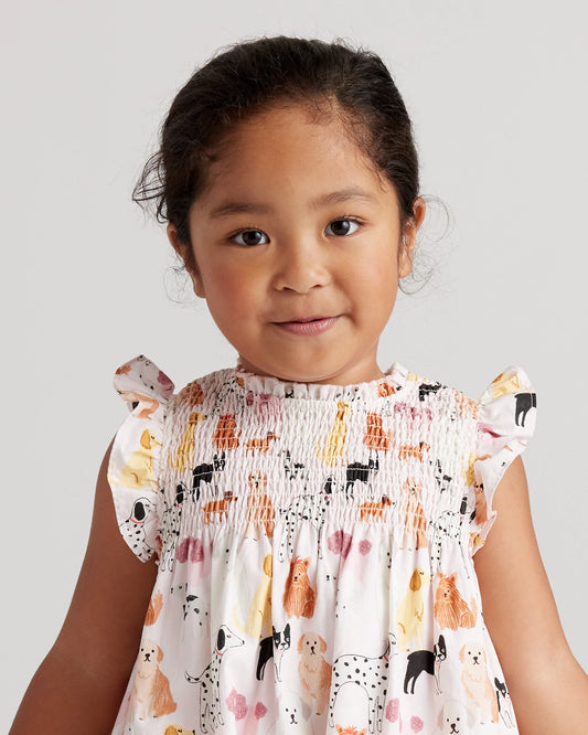 100% Organic Cotton Poplin Smocked Flutter Sleeve Dress - 2T / Blue Ditsy Floral