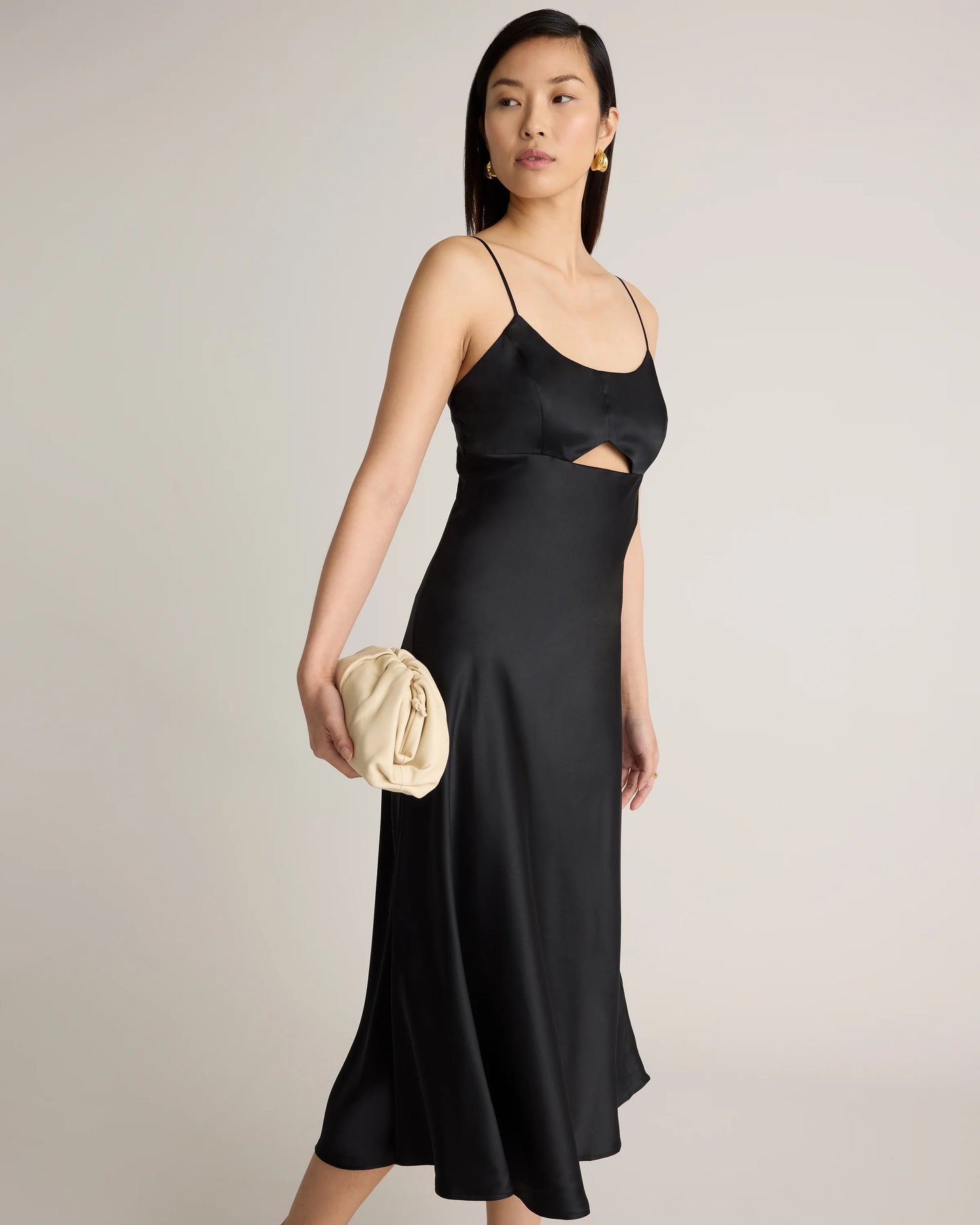 100% Washable Silk Cutout Midi Slip Dress - XS / Black